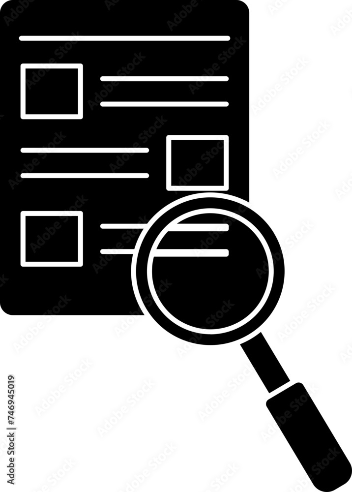 Poster paper document with magnifying glass. glyph icon for data analysis.