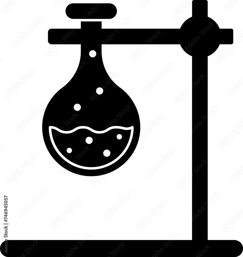 Poster b&w icon of laboratory flask with stand.