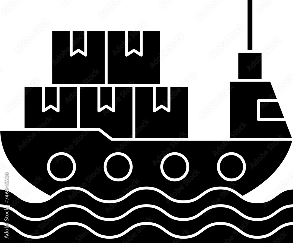 Poster ship boat with cargo box. glyph icon or symbol.