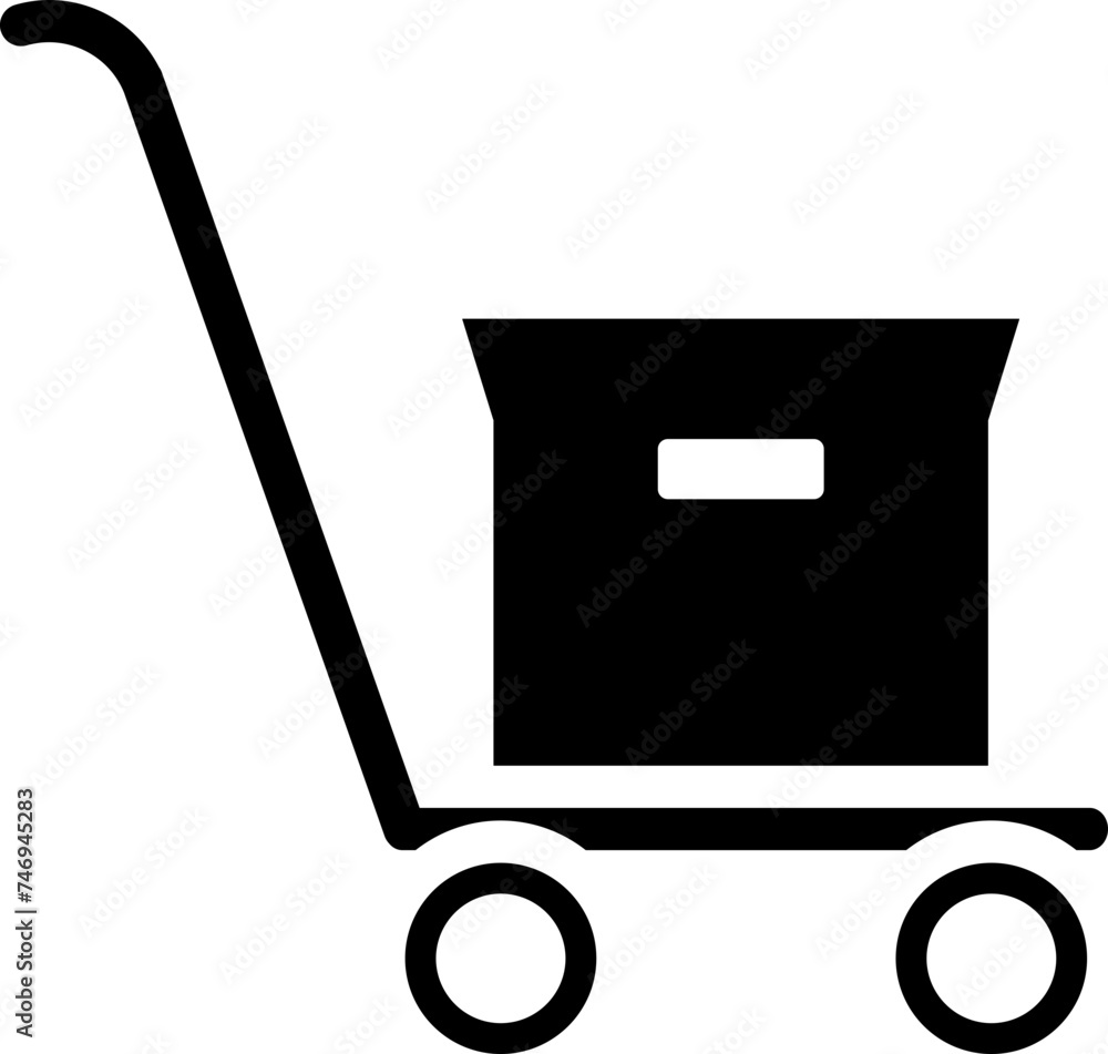 Poster handcart with delivery box icon in b&w color.