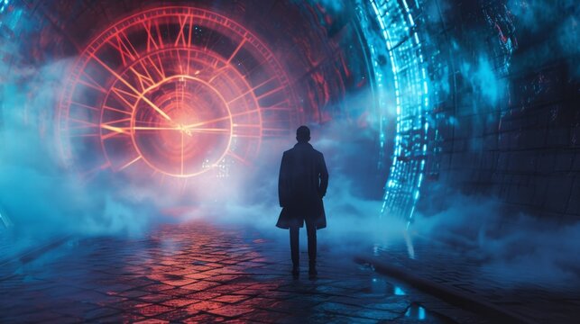Time travel Technology Background with Clock concept and Time Machine, Can rotate clock hands. Jump into the time portal in hours. Traveling in space and time. Time travel fantasy scifi cinematic film