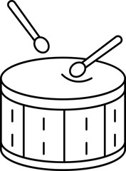 Black line art illustration of drum with sticks.