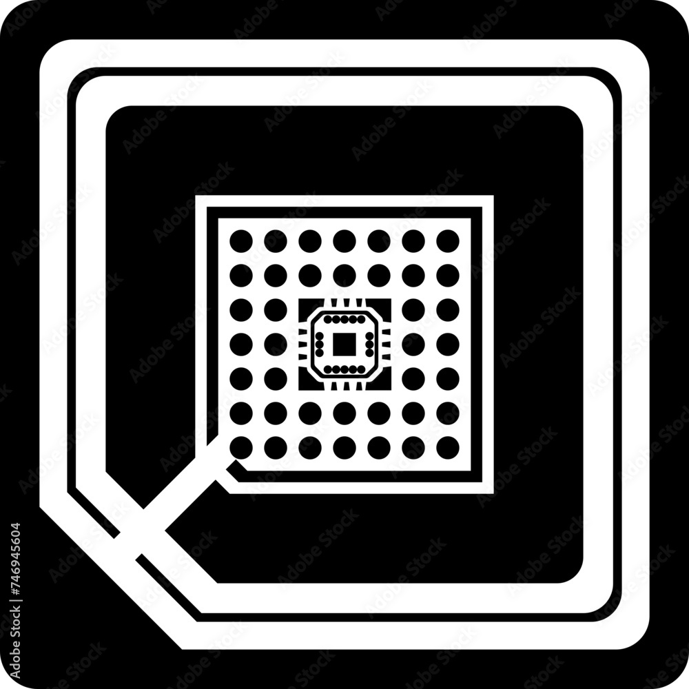 Poster illustration of a processor chip in b&w color.