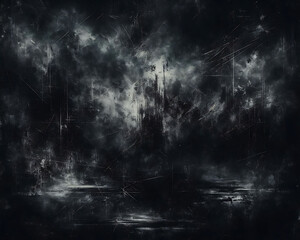 Dark abstract painting with chaotic brush strokes and scratches, creating a mysterious, textured effect.