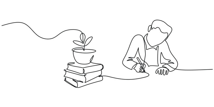 One line art drawing of student writing and study beside of pile of books. Education theme concept.