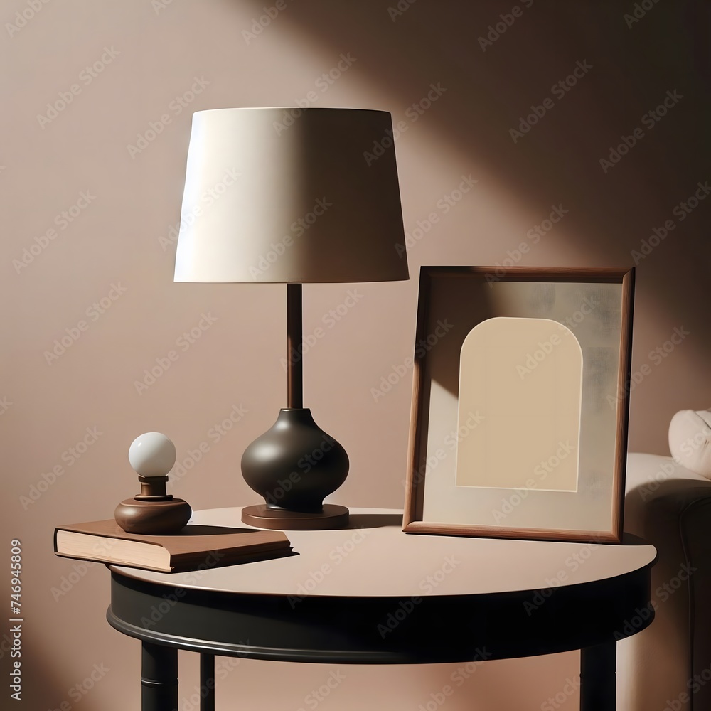 Poster a lamp and a picture frame are on a table generative ai