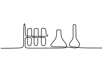 Single one line drawing chemical research flask. Laboratory equipment education concept.