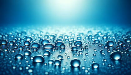Water droplets bead on a surface with a blue gradient background, reflecting light and creating a fresh look.