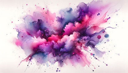 A dynamic burst of watercolor inks in magenta, purple, and blue hues, blending abstractly on a white canvas.