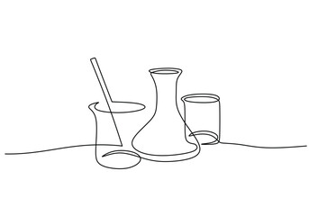 Single one line drawing chemical research flask. Laboratory equipment education concept.
