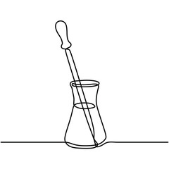 One line drawing of chemistry tool. Erlenmeyer flask with pipette.