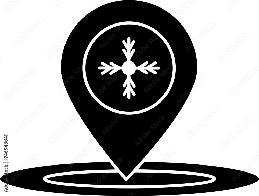Poster b&w map pin icon with snowflake.