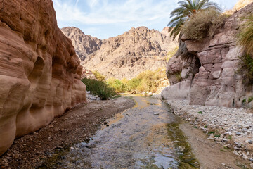 Beautiful majesty of mountains in path of shallow stream in the gorge Wadi Al Ghuwayr or An Nakhil and the wadi Al Dathneh near Amman in Jordan