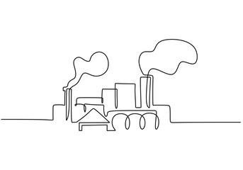 Continuous one line drawing industrial plant outline. Factory architecture buildings and landmark. Air pollution ecology concept.