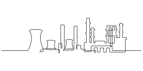 Continuous one line drawing industrial plant outline. Factory architecture buildings and landmark. Air pollution ecology concept. - obrazy, fototapety, plakaty