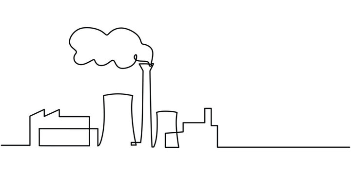 recommend clip art: Continuous one line drawing industrial plant outline. Factory architecture buildings and landmark. Air pollution ecology concept.