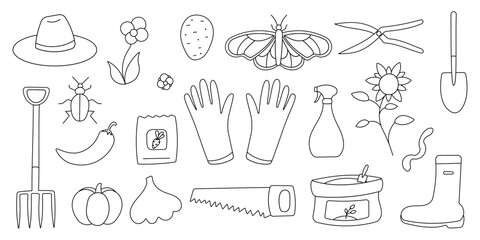 garden care kit. Hand drawn vector illustration depicting a series of tools Shovel Pitchfork rake scissors, saw. line, doodle, coloring eco potatoes peppers pumpkin garlic sunflowers.