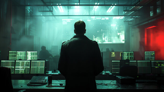 Cyber criminals plotting in shadowed rooms, a hitman receives digital orders High-tech crime saga