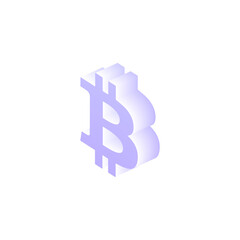 3d isometric bitcoin symbol in purple color.