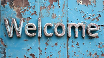 Blue Welcome concept creative horizontal art poster. Photorealistic textured word Welcome on artistic background. Ai Generated Hospitality and Greetings Horizontal Illustration.
