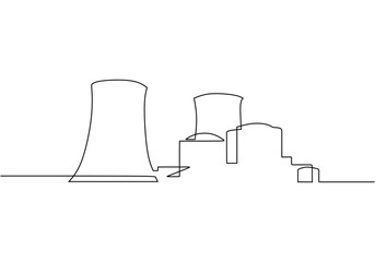 Power stations and plants for energy generation. Continuous one line drawing. Industrial buildings landscape.