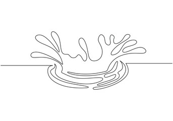 Water splash in continuous single line drawing. One outline liquid flowing. Ripple wave lineart hand drawn. Vector illustration isolated on white background.