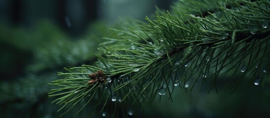 A close-up view of a pine branch in a rainy wilderness, with glistening drops of water clinging to the green needles. The droplets refract light, creating a mesmerizing effect.