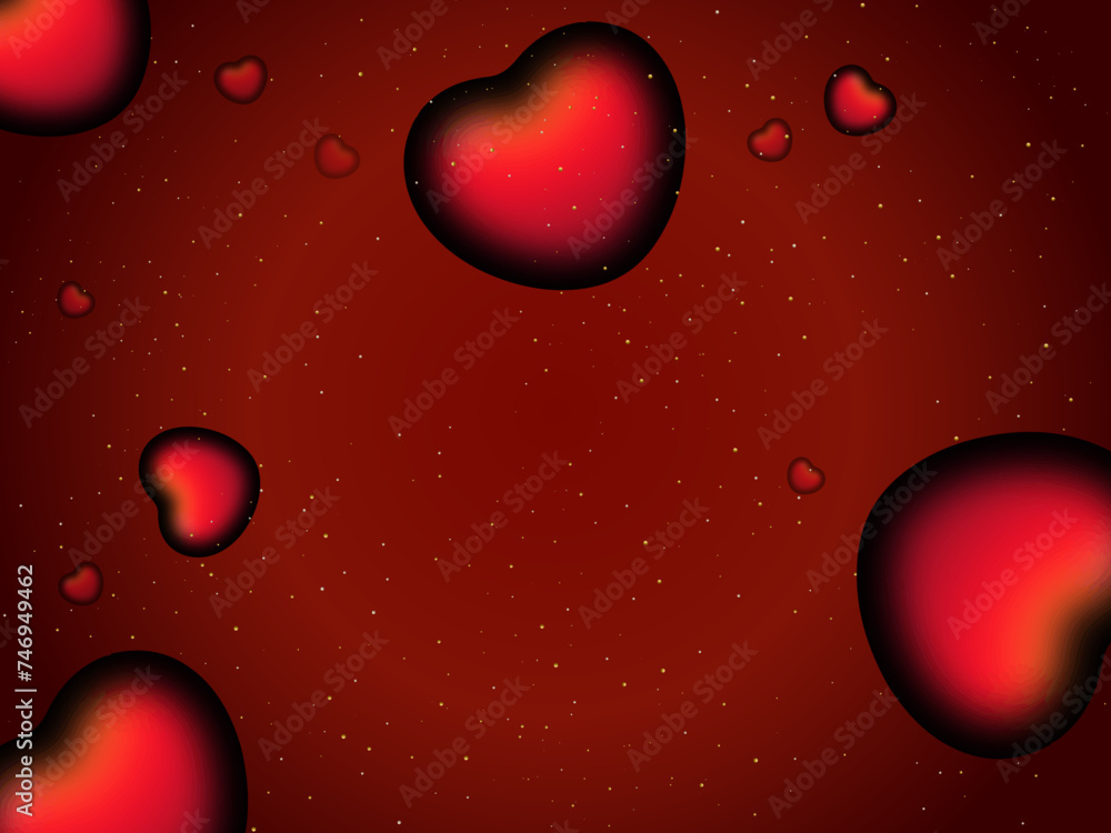 Poster blurred heart shape pattern on abstract glittering red background.