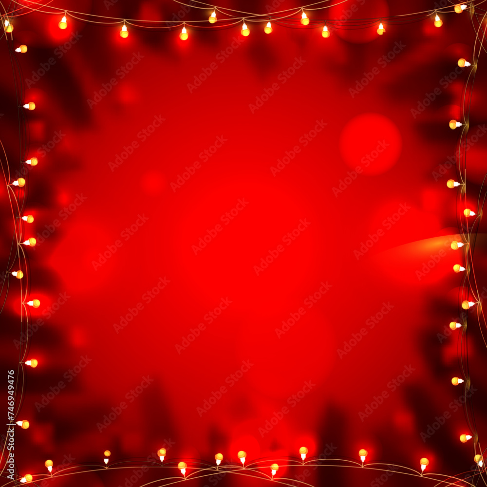 Poster illuminated lighting garland square frame on red bokeh effect background.