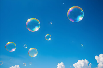 soap bubbles flying in the air, blue sky and white fluffy clouds, joy, childhood, happiness, positivity, summer season