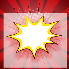 Blank comic explosion bubble on red halftone rays background.