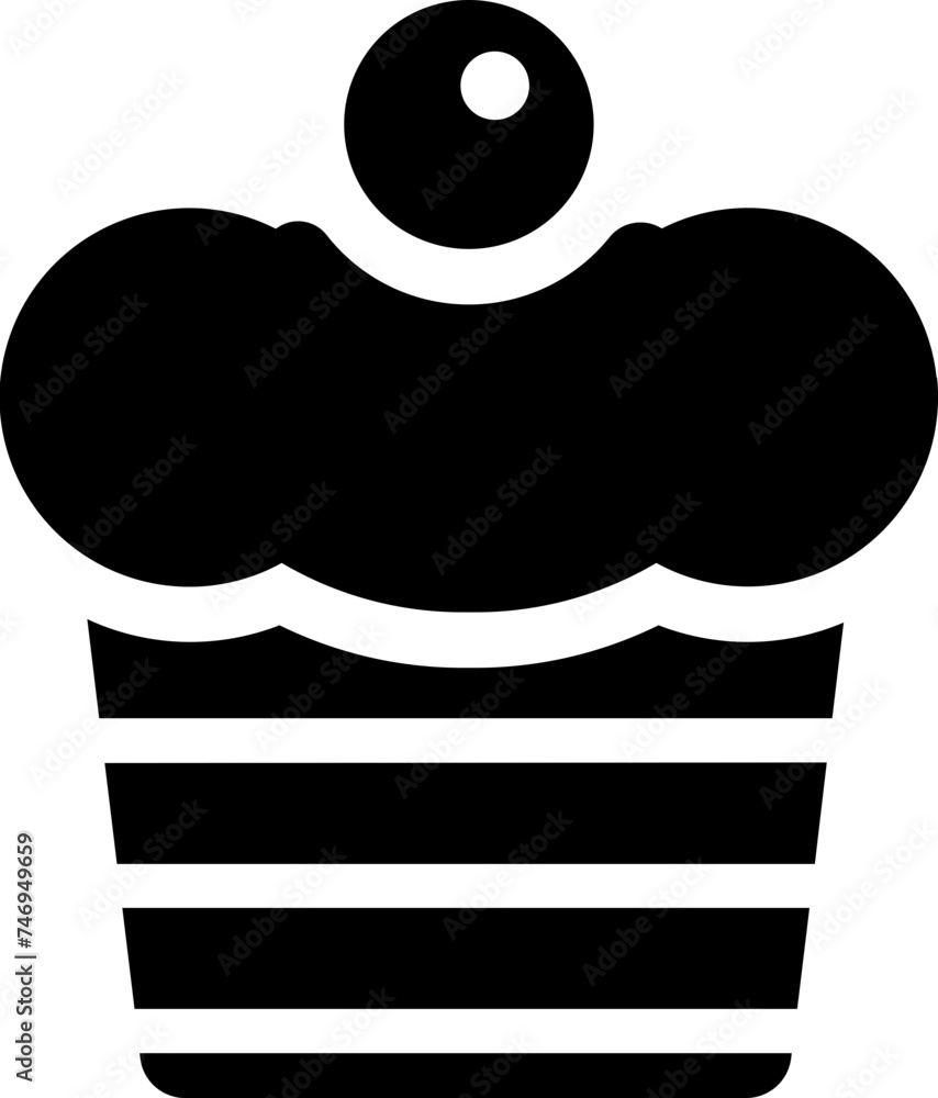 Sticker B&W cherry cupcake icon in flat style.