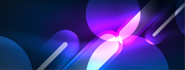 Abstract design pulsates with neon glowing light effects, casting an entrancing glow in the darkness, captivating the eye with its vibrant energy. Glass circles neon glowing light effects