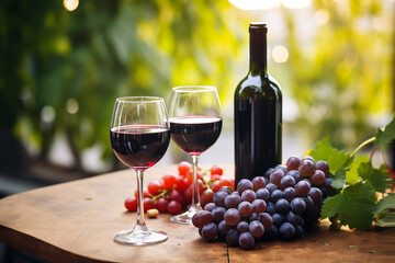 Red grapes and wine bottles and glasses on a wooden table.