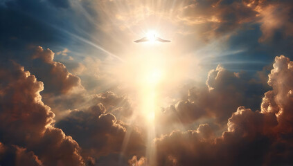 Heaven above the bright light sky and clouds and God, Heaven and Second Coming concept.