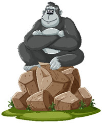 A happy gorilla sits atop a pile of stones. © brgfx