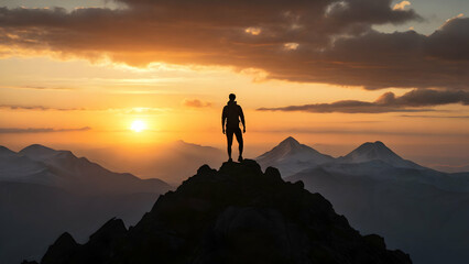 Silhouette of a hiker on the top of mountain at sunset.