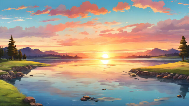 Beautiful views of the lake and sunset behind the mountains. Amazing panorama landscape. Cartoon or anime illustration style