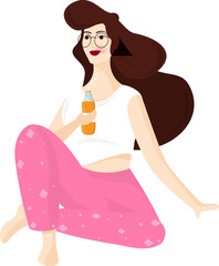 Beautiful girl sitting on the floor drinking cold drink.