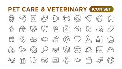 Fototapeta na wymiar Set of line icons related to pet, care, veterinary, vet, and healthcare. Outline icon collection. Set of outline veterinarian icons. Animals veterinary icons.Pet and Vet Line Icon Set.
