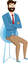 Young cheerful businessman character sitting on chair.