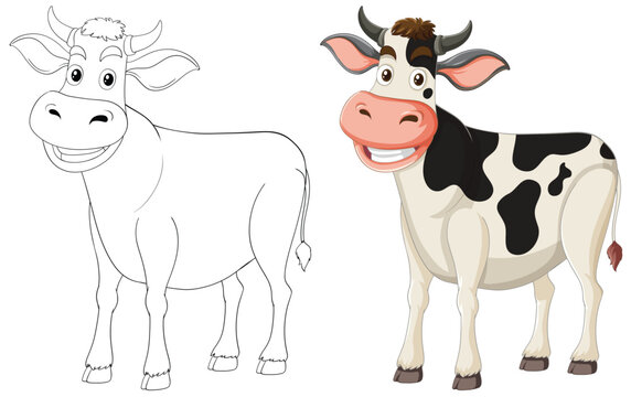 Colorful and outlined cow drawings side by side