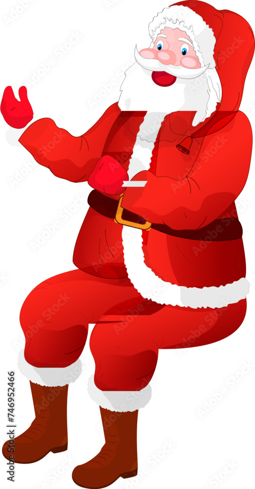 Sticker laughing santa claus in sitting pose.