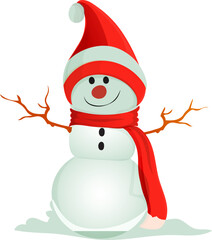 Cartoon snowman wearing santa hat with scarf.