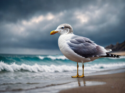 Seagull soars gracefully above the ocean waves, amidst a backdrop of endless blue sky and white sandy beaches