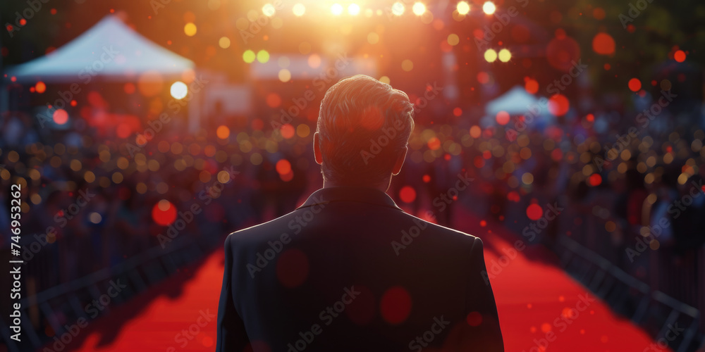 Poster man standing on red carpet in front of crowd