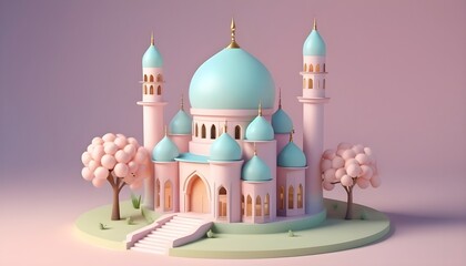 3d pastel colored mosque for ramadhan kareem or eid