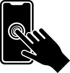 Hand touch smartphone screen icon in b&w color.