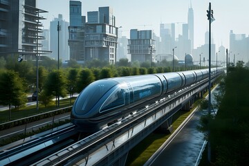 high-speed maglev train slicing through an urban landscape