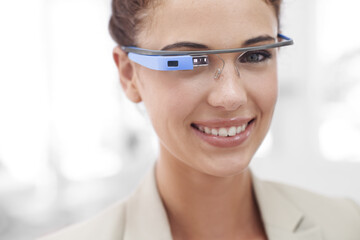 Virtual reality, portrait and woman with smart glasses for internet connection in office. Future...